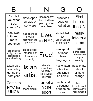 Art + Tech UNGA Mixer Bingo Card