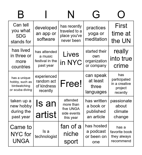 Art + Tech UNGA Mixer Bingo Card