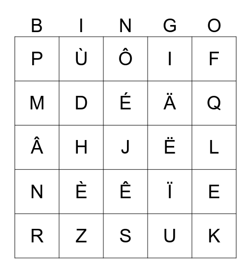 Alphabet et accents Bingo Card