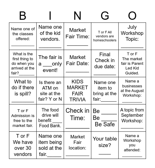 2024 KIDS MARKET FAIR Bingo Card