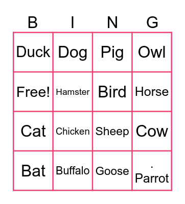 Animals Bingo Card