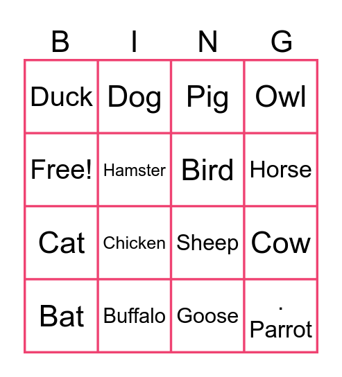 Animals Bingo Card