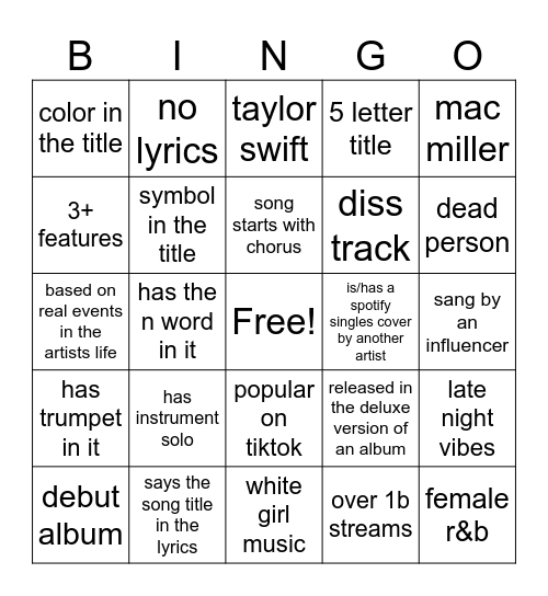 spotify bingo Card