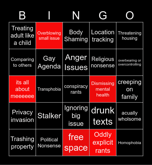 Insane parents bingo (credit to the click on youtube) Bingo Card