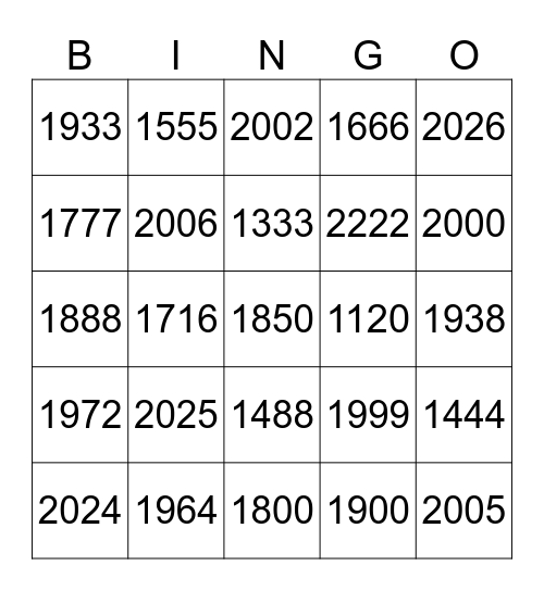 Jahreszahlen Bingo Card