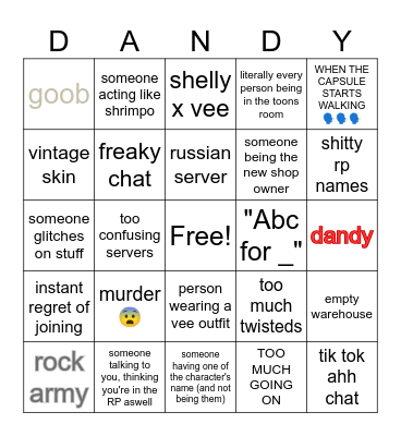 Dandy's World RP Bingo Card