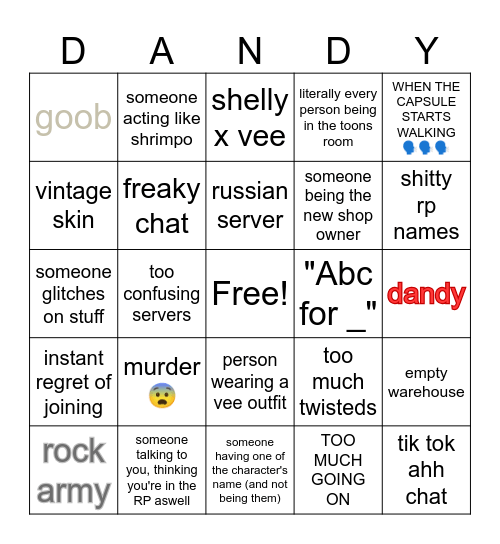 Dandy's World RP Bingo Card