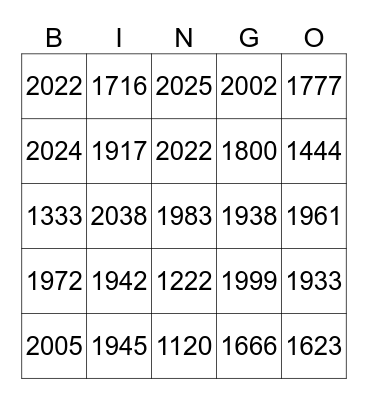 Untitled Jahreszahlen Bingo Card