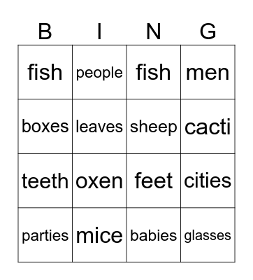 Irregular plurals BINGO Card