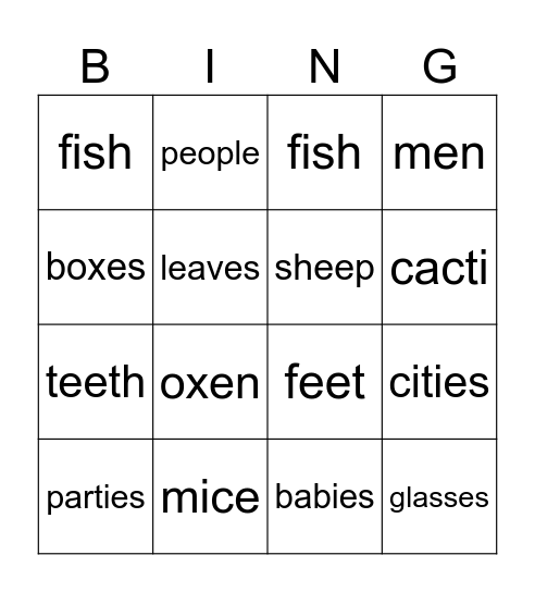 Irregular plurals BINGO Card