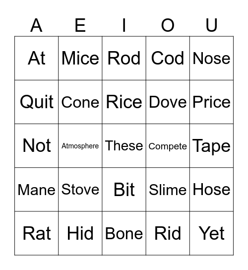 Magic E Bingo Card
