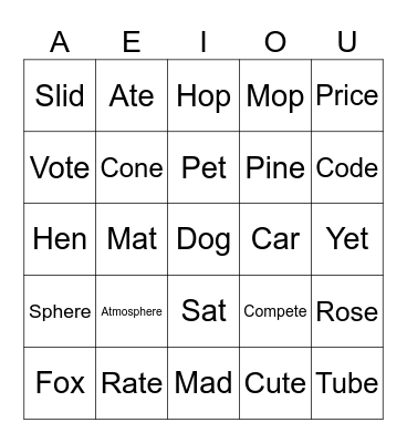 Magic E Bingo Card