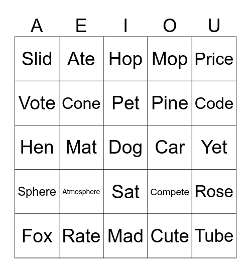 Magic E Bingo Card