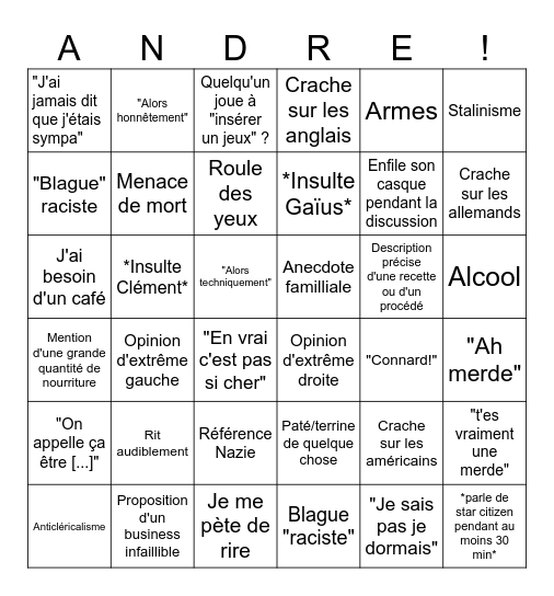 Convesation avec André Bingo Card