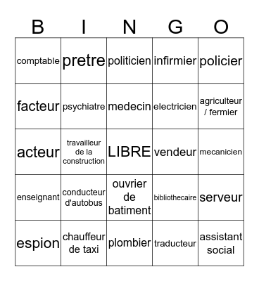 Les Professions Bingo Card