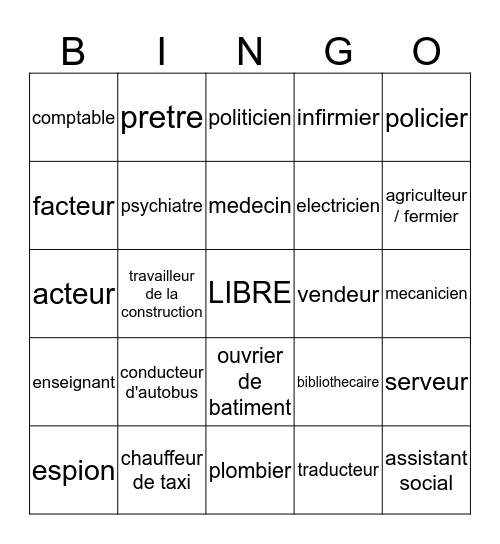 Les Professions Bingo Card