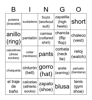 La ropa Bingo Card