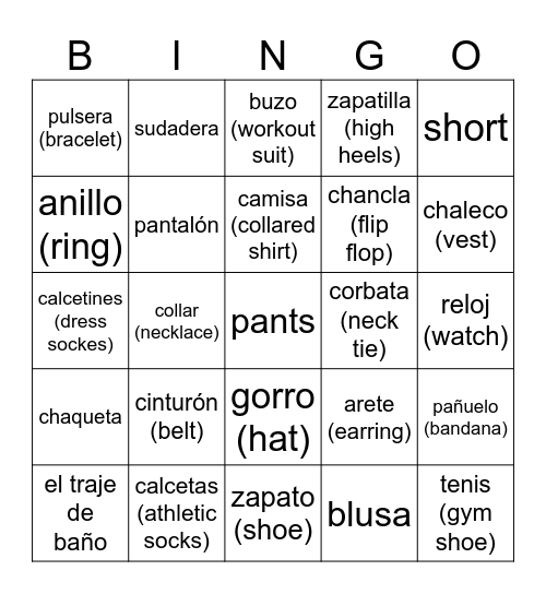 La ropa Bingo Card