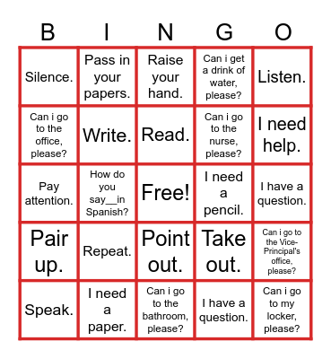 Expresiones, mandatos, y preguntas en la clase. Bingo Card