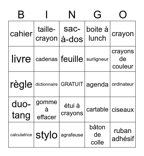 Les articles scolaires Bingo Card