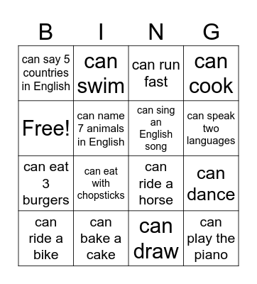 Verb can Bingo Card