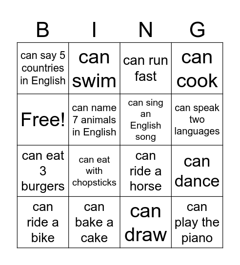 Verb can Bingo Card