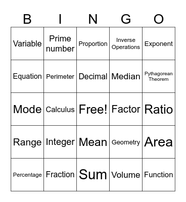 Math Vocabulary Bingo Card