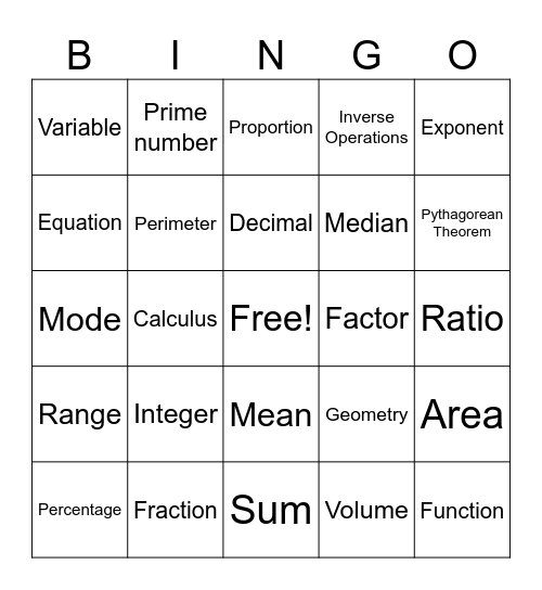 Math Vocabulary Bingo Card