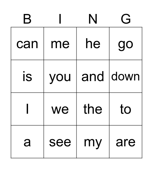 Set 1 & Whole Group Words Bingo Card