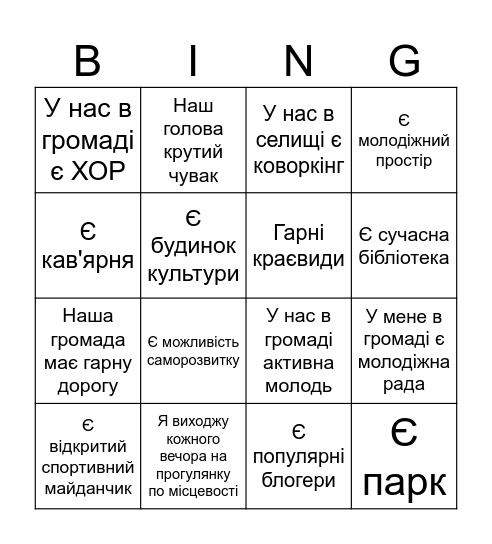 ЗНАЙОМСТВО В РАМКАХ МОЛОДІЖНОЇ ОБМІН Bingo Card