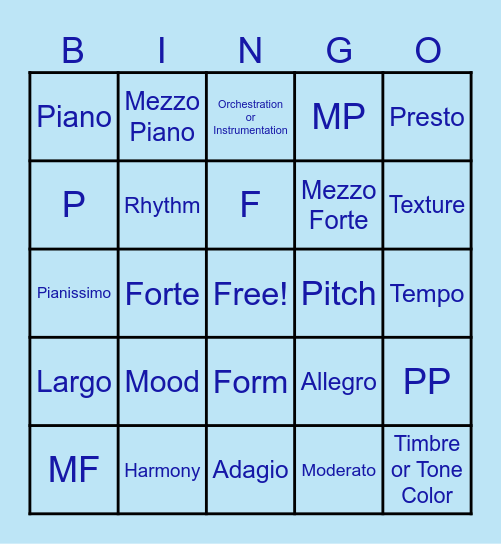 Music Terms Bingo Card