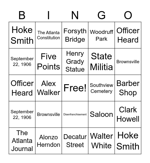 NCCHR | 1906 Atlanta Race Massacre Bingo Card