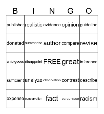 Vocabulary  Bingo Card