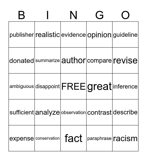 Vocabulary  Bingo Card