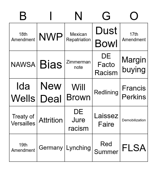 American Studies Bingo Card