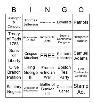 American Revolution Bingo Card