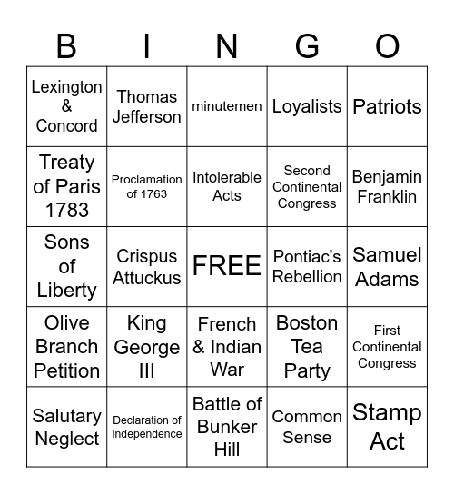 American Revolution Bingo Card