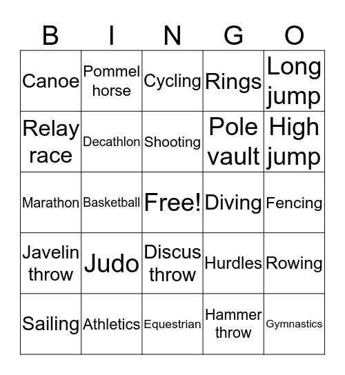 Olympic Events Bingo Card