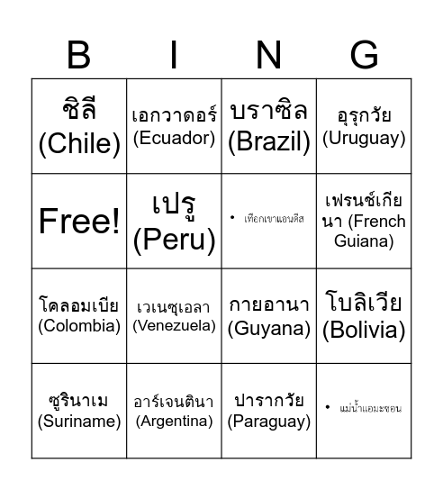ทวีปอเมริกาใต้ Bingo Card