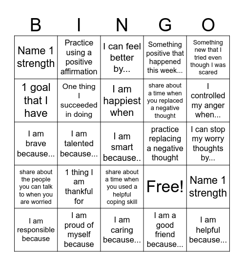 Positive Thinking Bingo Card