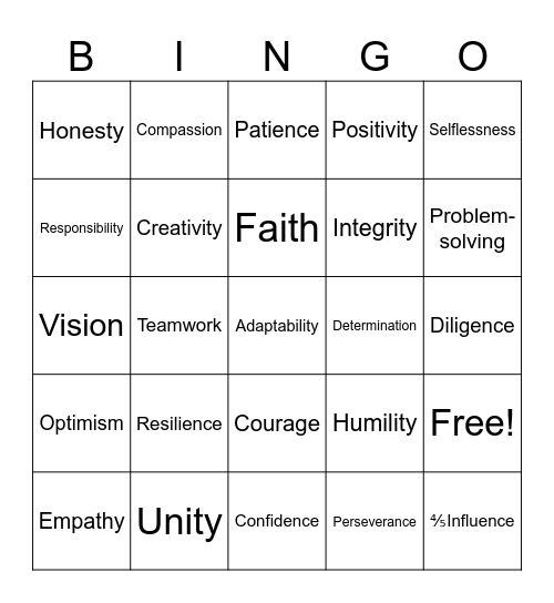 Leadership Qualities Bingo Card