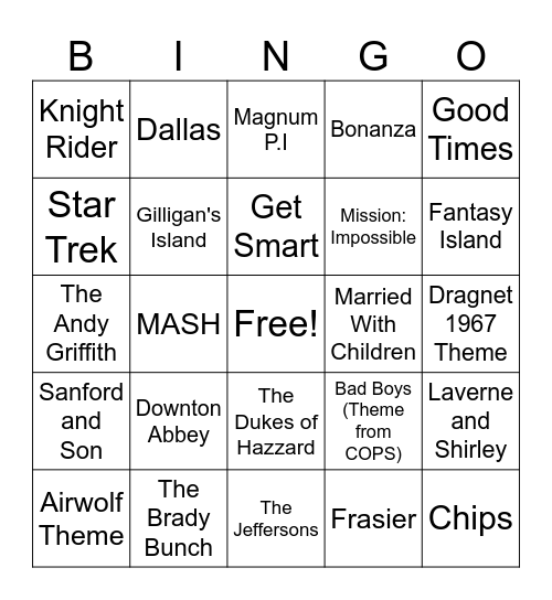 TV Theme Songs Bingo Card