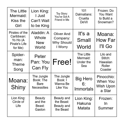 Disney Songs Bingo Card