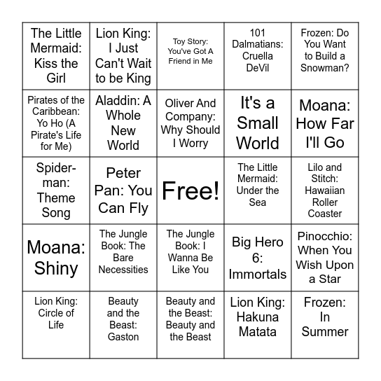 Disney Songs Bingo Card