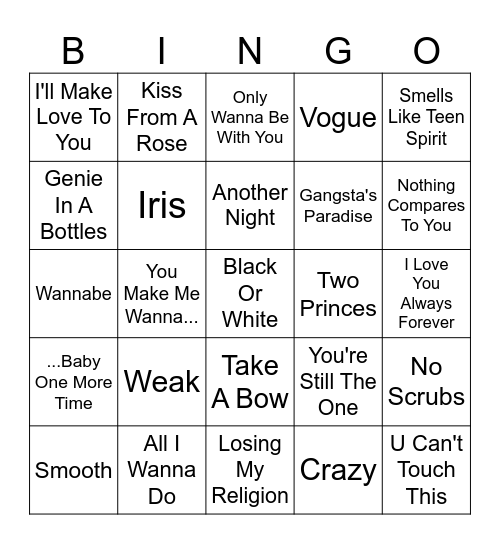 90's Pop Bingo Card