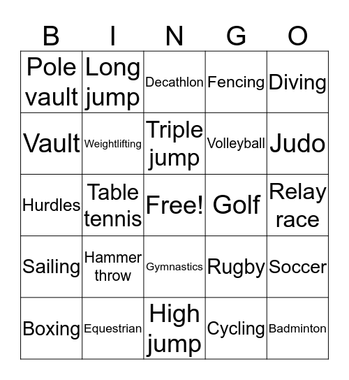 Olympic Events Bingo Card