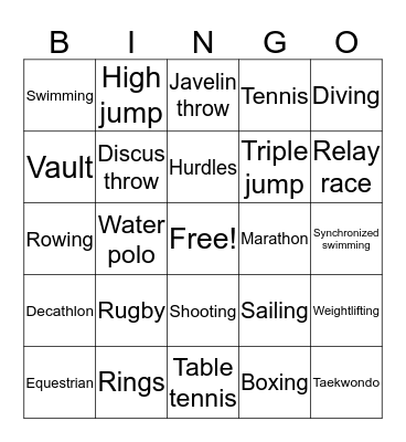Olympic Events Bingo Card