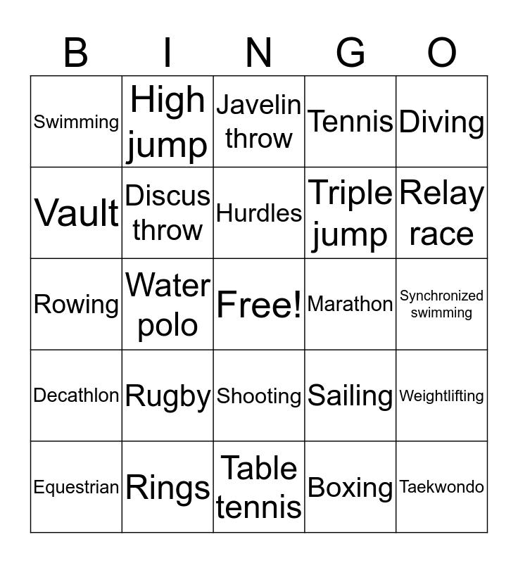Olympic Events Bingo Card