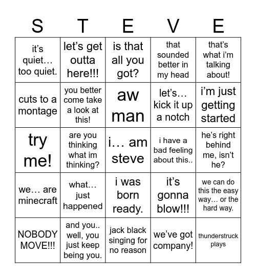 Minecraft Movie Bingo Card