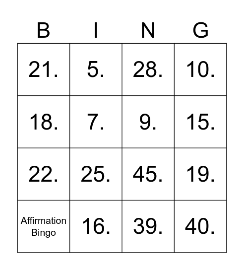 Positive Affirmation Bingo Card